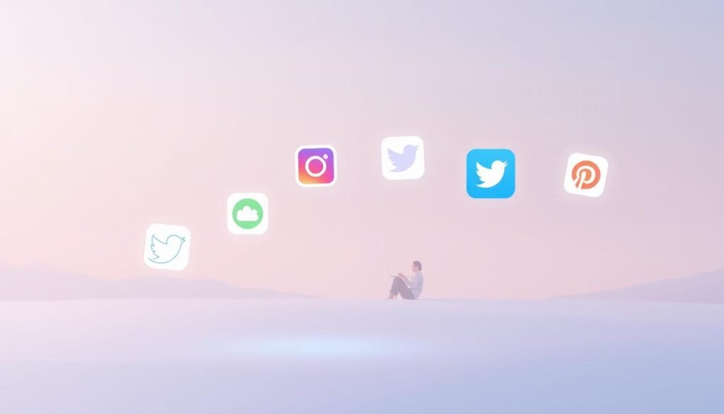 A serene digital landscape showcases various social media platforms as alternatives to Instagram. In the foreground, minimalist icons representing different apps float against a soft, gradient background, conveying a sense of tranquility and simplicity. The middle ground features stylized illustrations of users engaging with these alternative platforms, highlighting their unique features and functionalities. In the background, a subtle grid pattern or geometric shapes creates a sense of structure and organization, complementing the clean, modern aesthetic. The overall mood is one of exploration, discovery, and a thoughtful approach to managing one's social media presence.