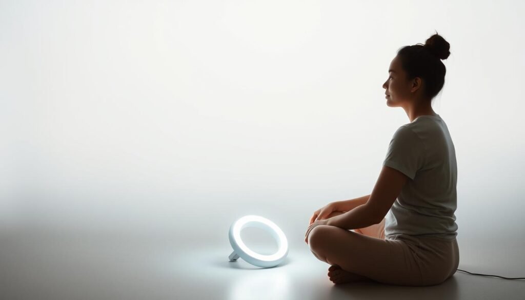 A serene, minimalist scene of mental clarity enhanced by light therapy. In the foreground, a person sits cross-legged, their face illuminated by a soft, warm glow emanating from a circular light therapy device placed in front of them. The middle ground features a tranquil, airy space with clean lines and muted tones, creating a sense of focus and tranquility. The background is hazy and dreamlike, evoking a state of deep contemplation and inner peace. The lighting is diffused and directional, casting subtle shadows and highlights that accentuate the subject's features and the calming atmosphere. The overall impression is one of mental clarity, restored balance, and the restorative power of light-based therapeutic techniques.