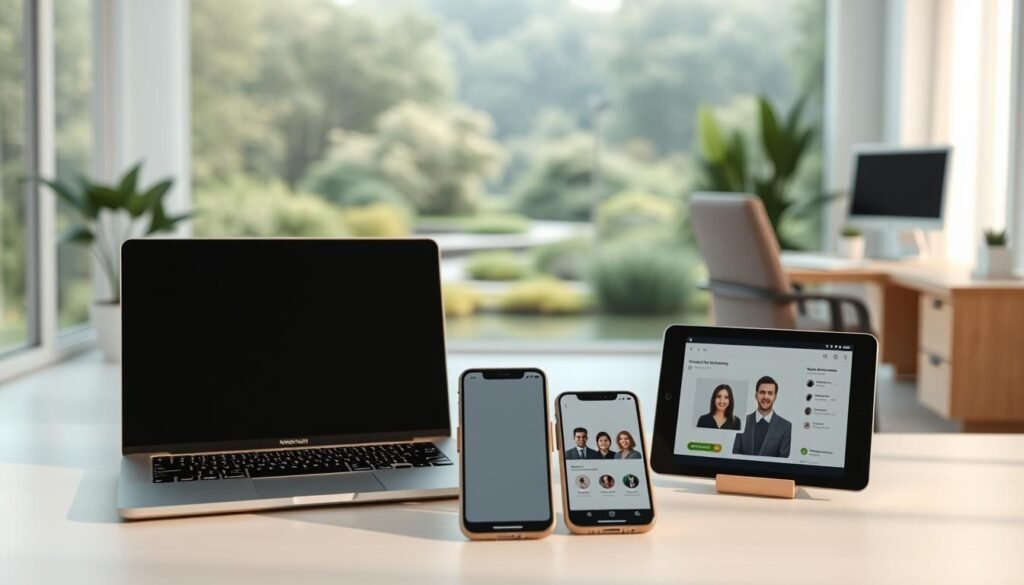 A serene, minimalist scene of various online therapy alternatives. In the foreground, a laptop, smartphone, and tablet are neatly arranged, each displaying different therapeutic applications and platforms. The middle ground features a soothing, natural landscape with lush greenery and a tranquil pond, evoking a sense of calm and balance. Soft, diffused lighting filters through the scene, creating a warm, inviting atmosphere. The background showcases a modern, well-appointed home office, hinting at the flexibility and convenience of these online therapy options. The overall composition conveys a harmonious integration of technology and wellness, highlighting the diverse alternatives to traditional in-person therapy.
