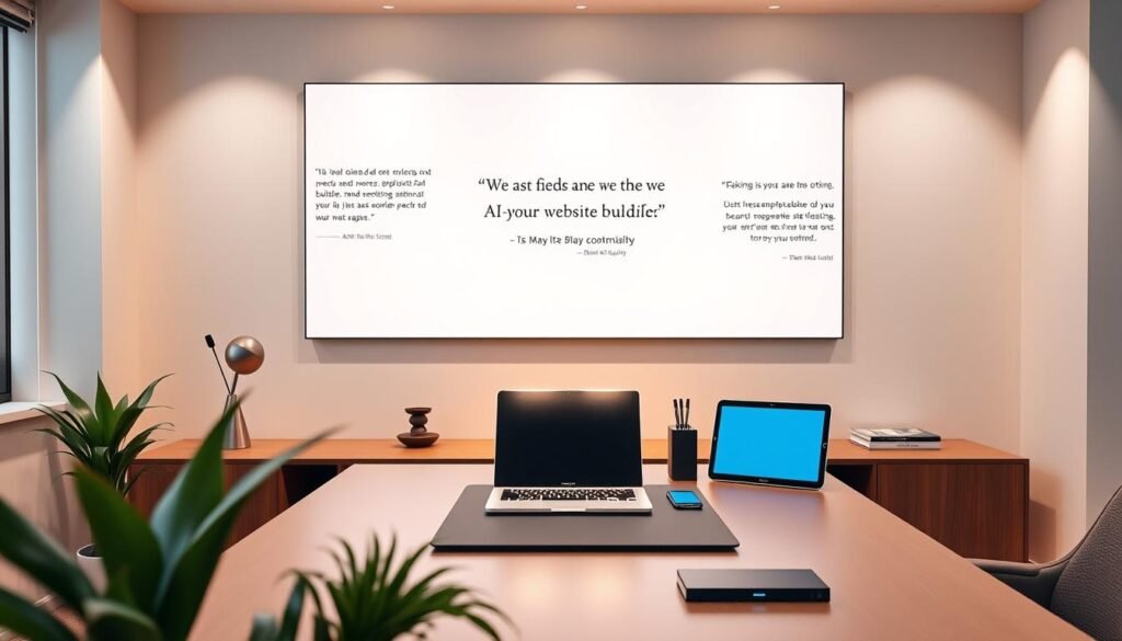 A serene office setting with a large, stylish desk showcasing a sleek laptop, tablet, and smartphone. Behind the desk, a wall-mounted display features glowing user testimonials about the AI-powered website builder, with elegant typography and design. Soft, warm lighting illuminates the scene, creating an inviting and professional atmosphere. In the foreground, a potted plant and a few decorative items add a touch of sophistication. The overall impression conveys a positive user experience and the high-quality nature of the AI website building service.