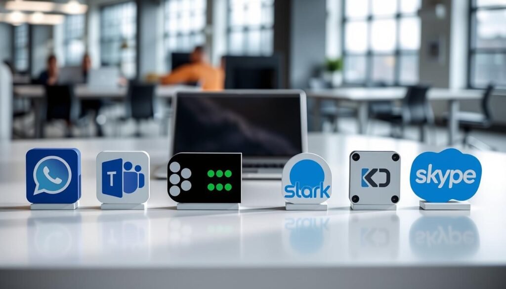 A serene office setting with various business communication software icons arranged on a sleek, minimalist desk. The foreground showcases a clean, well-lit display of popular WhatsApp Business alternatives, including logos for Microsoft Teams, Slack, Zoom, and Skype. The middle ground features a laptop and a smartphone, symbolizing the integration of these tools into modern work environments. The background is a blurred, calming scene of an open office space, with natural light streaming in through large windows. The overall mood conveys a sense of efficiency, productivity, and a considered approach to enhancing business communication.