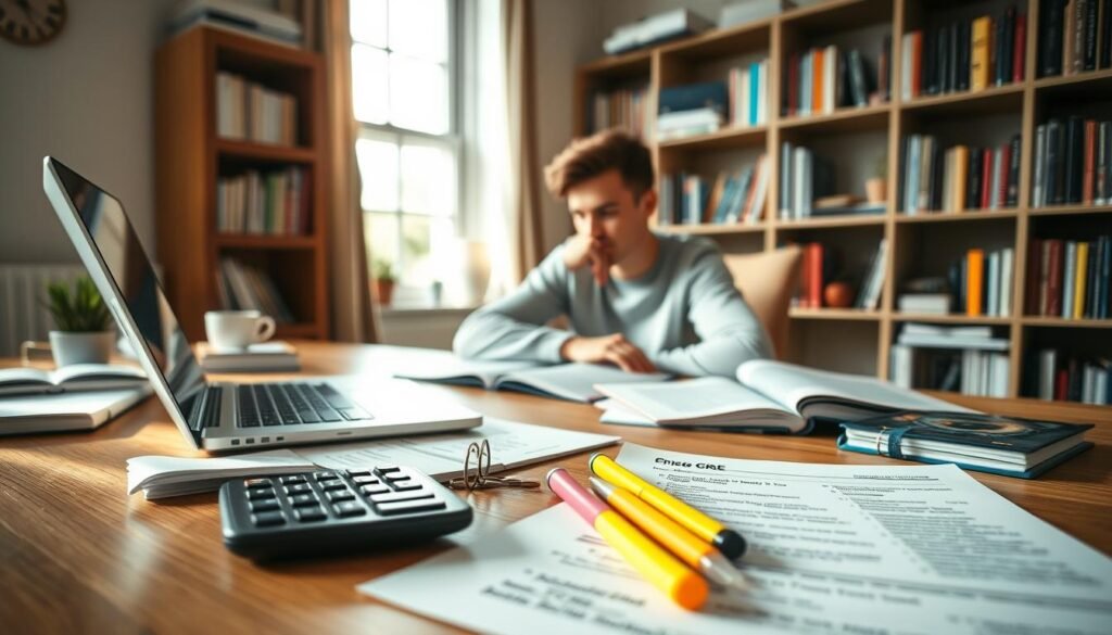 A serene, well-lit home office setting with a laptop, books, and various study materials arranged neatly on a wooden desk. In the foreground, a GRE practice test, calculator, and highlighters create a focused academic atmosphere. The middle ground features a thoughtful young adult seated at the desk, deep in concentration. Soft, natural lighting filters through a window, casting a warm glow over the scene. The background showcases a bookshelf filled with educational resources, creating a sense of intellectual pursuit. The overall mood conveys a productive, introspective environment suitable for GRE preparation and assessment.
