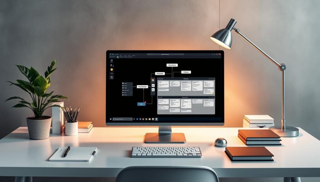 A serene, well-lit office setting with a sleek, modern desk showcasing an open MindManager window displaying a sophisticated workflow process. The screen is the focal point, surrounded by organizational tools, a potted plant, and a sophisticated desk lamp providing warm, directional lighting. The background features muted, neutral tones, subtle textures, and a sense of minimalist elegance, creating a professional, productive atmosphere. The overall composition conveys the power of MindManager to visualize and manage complex business processes with clarity and efficiency.