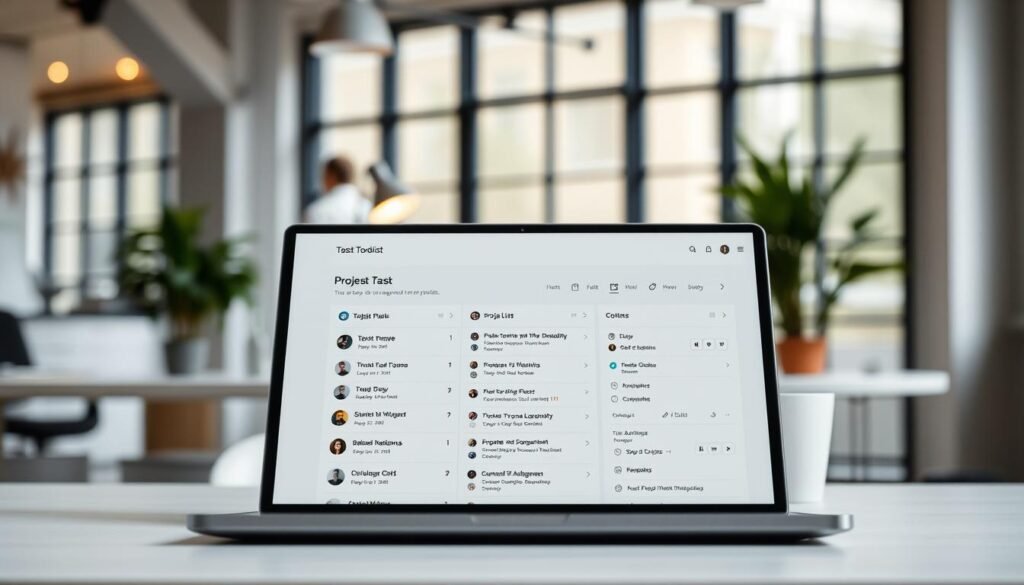 A sleek and modern Todoist user interface, showcasing a clean layout with intuitive task management options. The foreground features a laptop display with the Todoist app open, highlighting neatly organized project lists, due dates, and task prioritization controls. In the middle ground, a minimalist desk setup with a stylish desk lamp and potted plant adds a touch of warmth. The background is a softly blurred office environment, with large windows allowing natural light to flood the scene, creating a productive and calming atmosphere. The overall composition conveys a sense of efficiency, focus, and attention to user experience design.