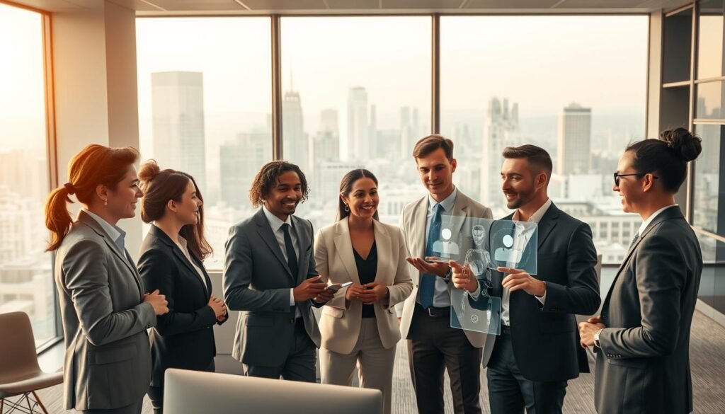 A sleek and modern office interior, bathed in warm, diffused lighting. In the foreground, a group of diverse, well-dressed business professionals are engaged in lively discussions, their expressions animated as they interact with holographic chatbot interfaces projected in front of them. The middle ground features elegant, minimalist workstations and collaborative spaces, while the background showcases expansive windows overlooking a bustling city skyline. The overall scene conveys a sense of efficiency, connectivity, and the seamless integration of cutting-edge communication technology within a professional business environment.