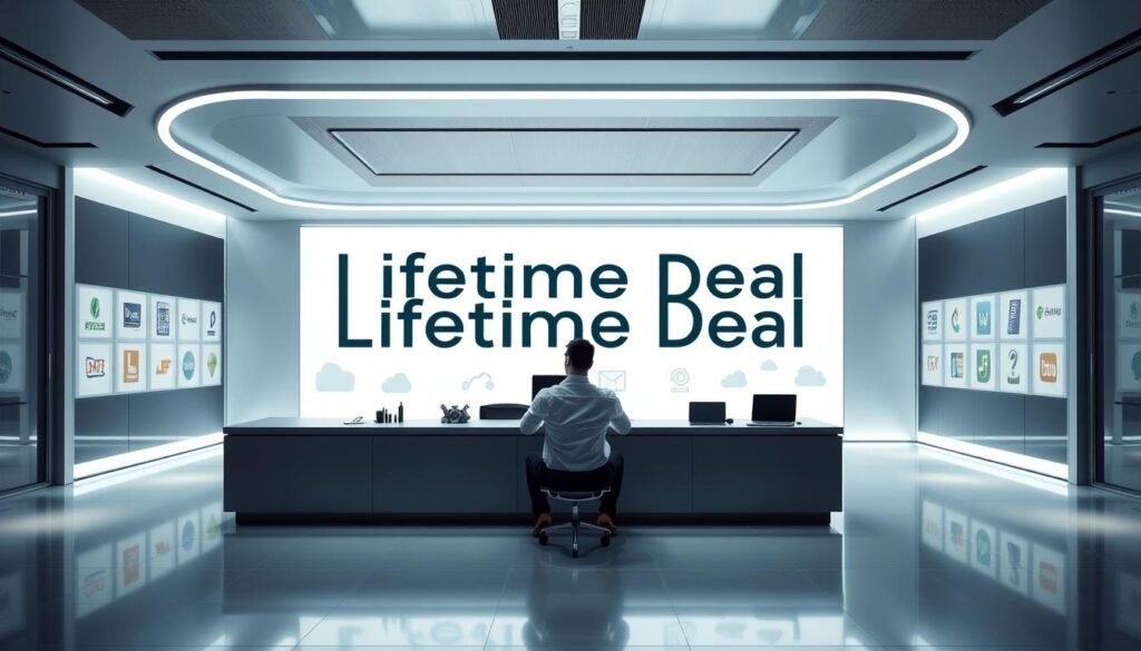 A sleek, futuristic office scene with a desk showcasing a large, glowing "Lifetime Deal" sign. In the foreground, a businessperson sits contemplating the deal, a look of realization and excitement on their face. The middle ground features various software icons and logos, representing the wide range of discounted tools. The background depicts a minimalist, high-tech environment with clean lines, subtle lighting, and a sense of innovation. The overall mood conveys the revolutionary nature of lifetime software deals, empowering businesses to save significantly on essential tools.