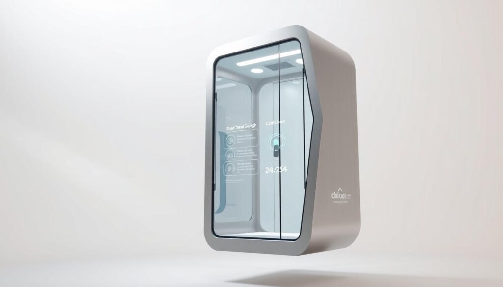 A sleek, futuristic virtual phone booth hovers in a serene, minimalist environment. Soft, diffused lighting illuminates the transparent booth, hinting at the reliable connectivity within. Holographic displays flicker with real-time signal strength and call quality metrics, instilling a sense of confidence in the technology. The booth's angular, brushed metal frame suggests a premium, reliable service, contrasting with the calming, pastel-hued background. A subtle depth of field blur draws the viewer's focus to the central booth, emphasizing its importance as the core of this virtual communication network.
