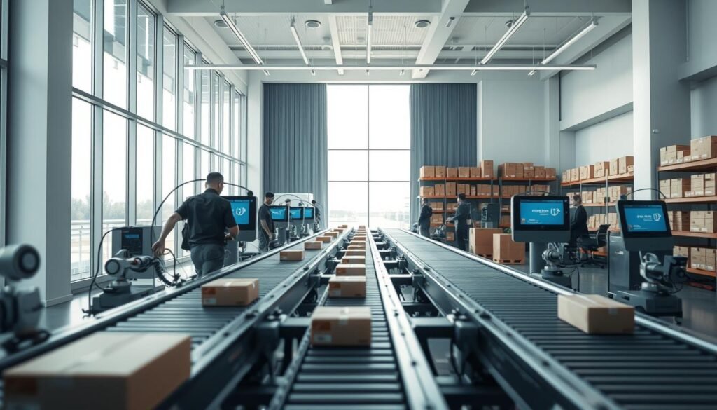A sleek, minimalist office interior with large windows flooding the space with natural light. In the foreground, an automated shipping station with packages moving seamlessly through a network of conveyor belts and robotic arms. In the middle ground, employees monitor the workflow on a series of digital displays, their movements precise and efficient. The background features shelves stocked with neatly organized shipping supplies, creating a sense of order and productivity. The overall mood is one of technological sophistication, streamlined operations, and a commitment to delivering a seamless shipping experience. Cinematic, 4K resolution, highly detailed.