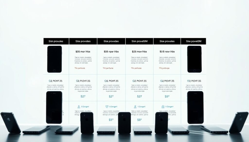 A sleek, modern comparison of leading eSIM providers, showcased against a minimalist, light-filled backdrop. In the foreground, a grid-like arrangement of smartphone silhouettes, each representing a different provider's offering. The midground features clean, concise infographic-style panels highlighting key features and pricing for each service. In the background, a subtle grid pattern or abstract geometric shapes convey a sense of technology and connectivity. Lighting is soft and diffused, creating a professional, authoritative tone. The overall composition should feel visually balanced, with a clean, uncluttered aesthetic that aligns with the subject matter. A sleek, modern comparison of leading eSIM providers, showcased against a minimalist, light-filled backdrop. In the foreground, a grid-like arrangement of smartphone silhouettes, each representing a different provider's offering. The midground features clean, concise infographic-style panels highlighting key features and pricing for each service. In the background, a subtle grid pattern or abstract geometric shapes convey a sense of technology and connectivity. Lighting is soft and diffused, creating a professional, authoritative tone. The overall composition should feel visually balanced, with a clean, uncluttered aesthetic that aligns with the subject matter.