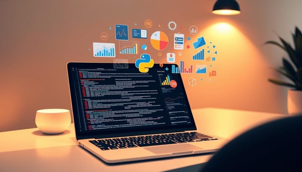 A sleek, modern data science course illustration. In the foreground, a laptop displays intricate Python code against a stylish minimalist backdrop. The middle ground features a floating array of colorful data visualizations, charts, and graphs, symbolizing the analytical power of Python. In the background, a subtle geometric pattern creates a sense of depth and sophistication. Warm, soft lighting illuminates the scene, evoking an atmosphere of productivity, focus, and intellectual engagement. The overall composition conveys the rigorous, yet rewarding nature of mastering data science with Python. A sleek, modern data science course illustration. In the foreground, a laptop displays intricate Python code against a stylish minimalist backdrop. The middle ground features a floating array of colorful data visualizations, charts, and graphs, symbolizing the analytical power of Python. In the background, a subtle geometric pattern creates a sense of depth and sophistication. Warm, soft lighting illuminates the scene, evoking an atmosphere of productivity, focus, and intellectual engagement. The overall composition conveys the rigorous, yet rewarding nature of mastering data science with Python.