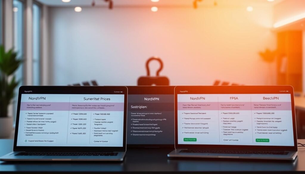 A sleek, modern desktop setup displaying a comparison of VPN pricing plans. In the foreground, three laptop screens showcase NordVPN's different subscription options, each with clear pricing details, features, and benefits. The middle ground features a stylized VPN icon, subtly hinting at the secure connectivity. The background has a blurred, minimalist office environment, creating a professional and trustworthy atmosphere. Warm, directional lighting illuminates the scene, emphasizing the clarity and importance of the pricing information. The overall composition conveys a sense of organization, value, and confidence in NordVPN's offerings.