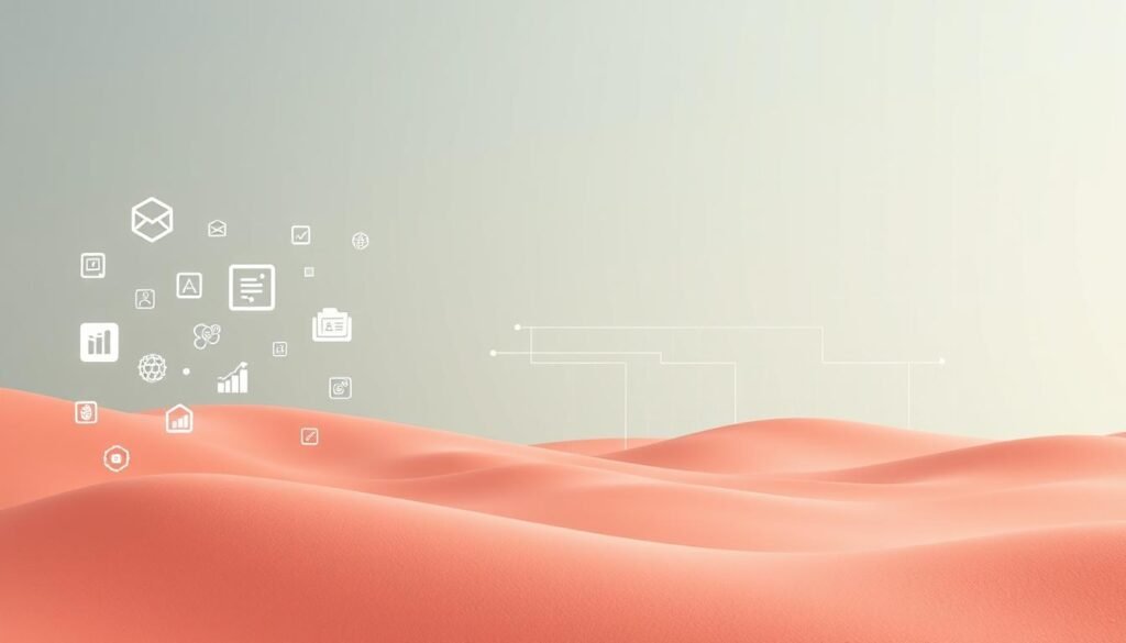 A sleek, modern marketing automation workflow depicted in a digital landscape. In the foreground, various automation icons and symbols float in a minimalist, pastel-colored interface. The middle ground showcases a series of interconnected workflow steps, represented by geometric shapes and arrows, all bathed in a soft, ambient lighting. In the background, a subtle grid pattern or technology-inspired backdrop sets the stage, creating a sense of order and structure. The overall scene conveys the efficiency, streamlining, and visual clarity of a powerful marketing automation system.