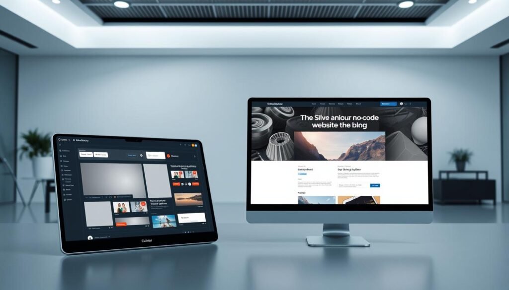 A sleek, modern no-code drag-and-drop website builder application, showcased in a well-lit, high-resolution environment. The foreground features an intuitive user interface with various customizable drag-and-drop elements, such as text boxes, images, and interactive modules. The middle ground displays a dynamic website preview, highlighting the seamless visual design and responsive layout. In the background, a minimalist workspace with clean lines and subtle gradients creates a professional, technology-driven atmosphere. Crisp shadows and balanced lighting emphasize the refined aesthetic, inviting the viewer to explore the powerful yet user-friendly website creation capabilities.