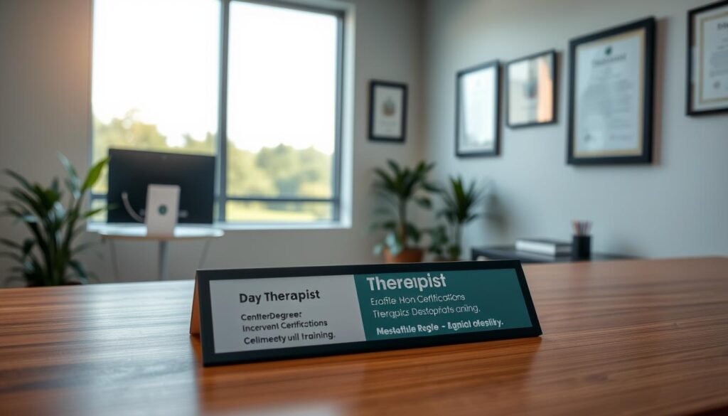 A sleek, modern office setting with a clean, minimalist aesthetic. In the foreground, a wooden desk with a nameplate showcasing the therapist's credentials and qualifications, including their degree, certifications, and specialized training. Behind the desk, a large window overlooking a serene outdoor scene, with soft, natural lighting flooding the space. On the walls, framed diplomas and certificates highlighting the therapist's expertise and experience. The overall atmosphere conveys a sense of professionalism, trust, and comfort, creating an inviting environment for online therapy sessions.