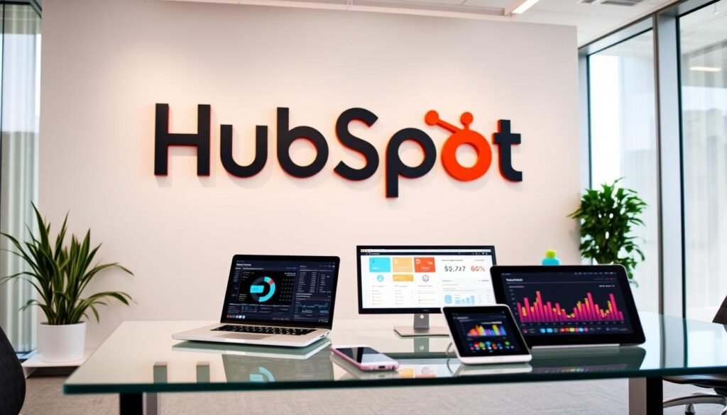 A sleek, modern office setting with a large, stylish HubSpot logo prominently displayed on the wall. In the foreground, various HubSpot Marketing Hub tools are neatly arranged on a minimalist, glass-topped desk, including a laptop, tablet, and smartphone. The middle ground showcases vibrant, data-driven visualizations and analytics dashboards on the devices' screens, highlighting HubSpot's marketing capabilities. The background features floor-to-ceiling windows, allowing natural light to flood the space and create a bright, airy atmosphere. The overall scene conveys a sense of efficiency, innovation, and the power of HubSpot's integrated marketing solutions.