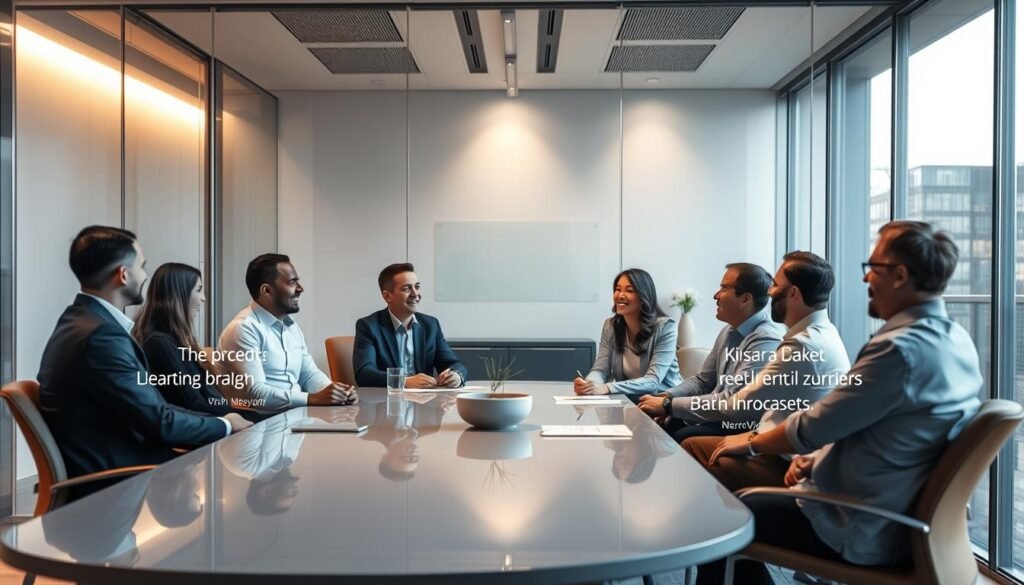 A sleek, modern office setting with a stylish glass-enclosed conference room. Inside, a group of professionals sit around a polished table, engaged in a lively discussion. Soft, directional lighting casts a warm glow, highlighting their animated expressions as they share their experiences with the NeuroVizr brain visualization technology. The scene conveys a sense of trust, credibility, and enthusiasm for the product. The background features minimalist decor and clean lines, allowing the testimonials to take center stage. The overall atmosphere is one of professionalism, innovation, and user satisfaction.