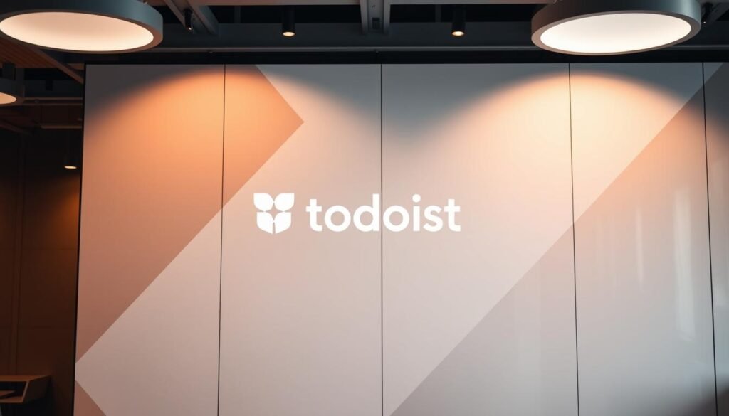 A sleek, modern office setting with a stylized Todoist logo prominently displayed on a large screen or monitor. The background features a clean, minimalist design with geometric shapes and gradients, conveying a sense of organization and efficiency. Warm, directional lighting casts subtle shadows, creating depth and highlighting the key elements. The overall mood is professional, technology-focused, and visually appealing, reflecting the versatility and platform availability of the Todoist task management application.
