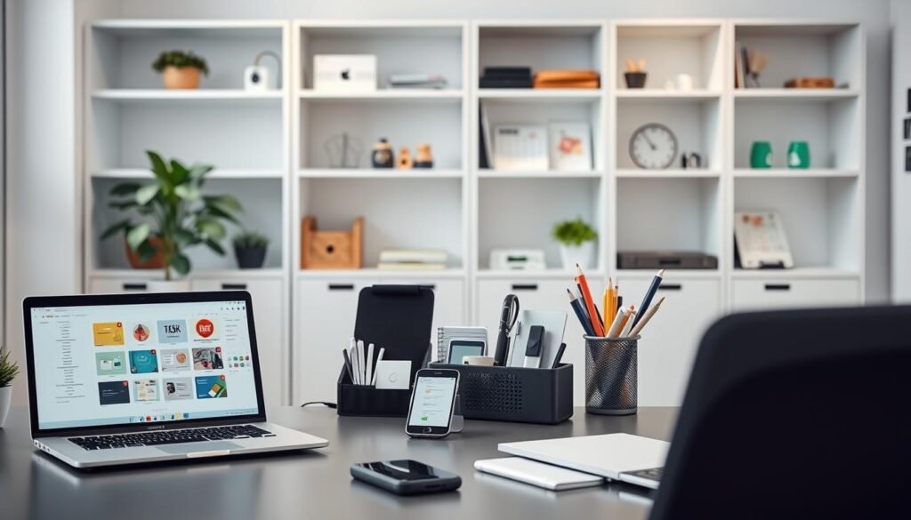 A sleek, modern office setting with a well-organized desk showcasing a variety of productivity tools. In the foreground, a stylish laptop, a tablet, and a smartphone display various workflow optimization apps and software. In the middle ground, a compact desktop organizer holds essential office supplies and gadgets. The background features minimalist shelving units with task management tools, calendars, and other productivity-enhancing resources. The lighting is soft and diffused, creating a calming, focused atmosphere. The overall scene conveys a sense of efficiency, organization, and a streamlined approach to workflow optimization.