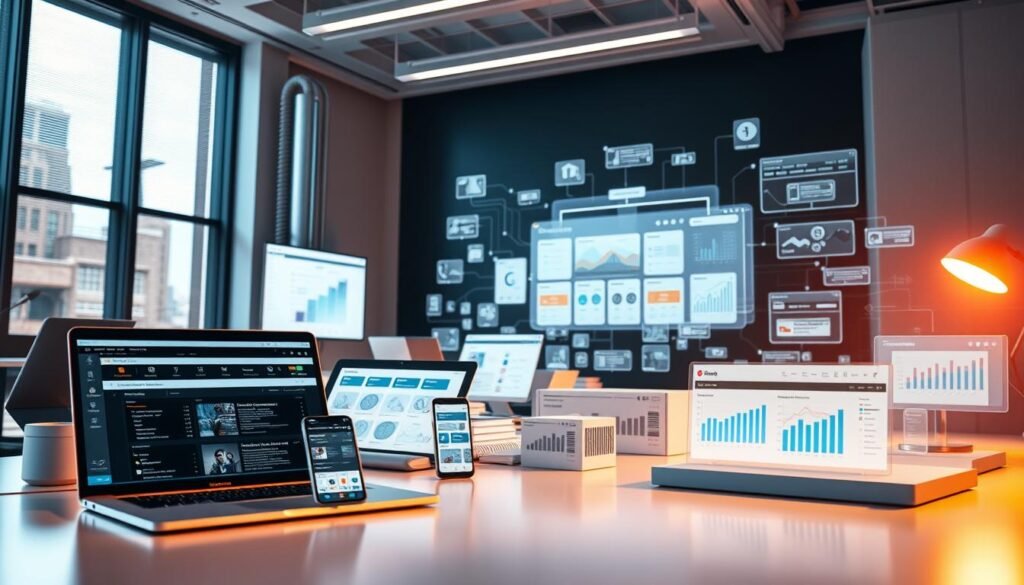 A sleek, modern office space filled with various productivity tools and software interfaces. In the foreground, a laptop, tablet, and smartphone are displayed, showcasing a range of workforce management applications. The middle ground features 3D models of collaboration platforms, project management dashboards, and data visualization tools. In the background, a large, holographic display projects organizational charts, Gantt timelines, and real-time analytics. Warm, directional lighting casts a sense of efficiency and professionalism, while the clean, minimalist design evokes a streamlined, technology-driven work environment.