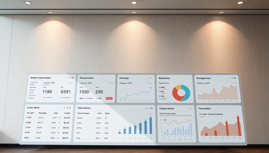 A sleek, modern shipment tracking dashboard with a clean, minimalist design. The foreground displays a comprehensive overview of shipment status, including delivery timelines, carrier details, and package location. The middle ground features interactive charts and graphs that provide real-time analytics on shipping performance and customer satisfaction. The background showcases a subtle, textured wall with elegant lighting, creating a professional and sophisticated atmosphere. The entire scene is captured with a wide-angle lens, emphasizing the dashboard's intuitive layout and user-friendly interface. The mood is one of efficiency, control, and seamless customer experience.