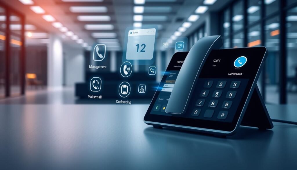 A sleek, modern virtual business phone interface showcasing an array of key features. The foreground depicts a minimalist desktop display with intuitive touch controls for call management, voicemail, and conferencing. The middle ground features holographic call indicators, glowing call logs, and a calendar overlay. The background evokes a high-tech office environment with subtle grid patterns, muted tones, and dynamic lighting that creates a sense of sophisticated professionalism. The overall atmosphere conveys the efficient, streamlined experience of a cutting-edge virtual landline phone system.