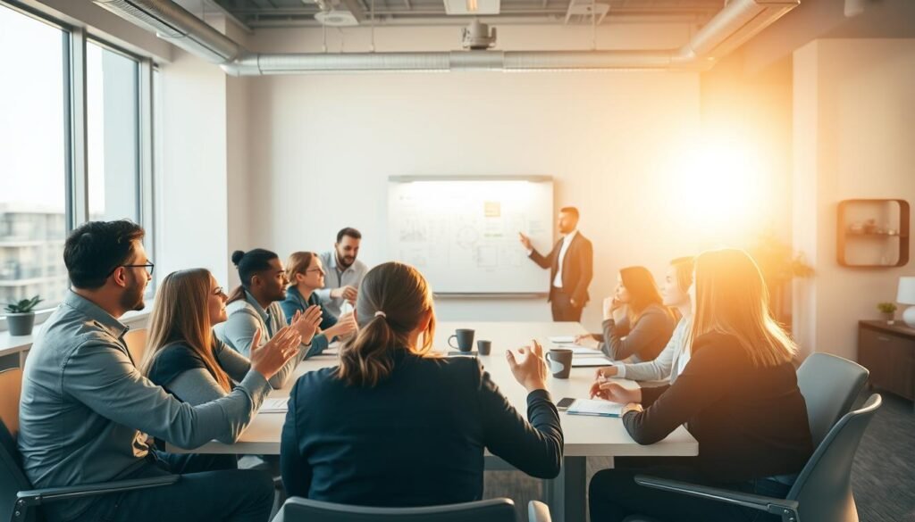 A team of diverse professionals gathered around a large conference table, engaged in a lively discussion. The scene is bathed in warm, natural lighting from large windows, casting a soft glow on their faces. In the foreground, several team members are gesturing animatedly, their expressions reflecting a sense of collaboration and problem-solving. The middle ground features a whiteboard filled with notes and diagrams, highlighting the group's strategic planning. In the background, the office environment is modern and minimalist, with sleek furniture and subtle accents, creating a professional and productive atmosphere. The overall mood conveys a sense of teamwork, innovation, and a shared commitment to achieving their hiring goals.