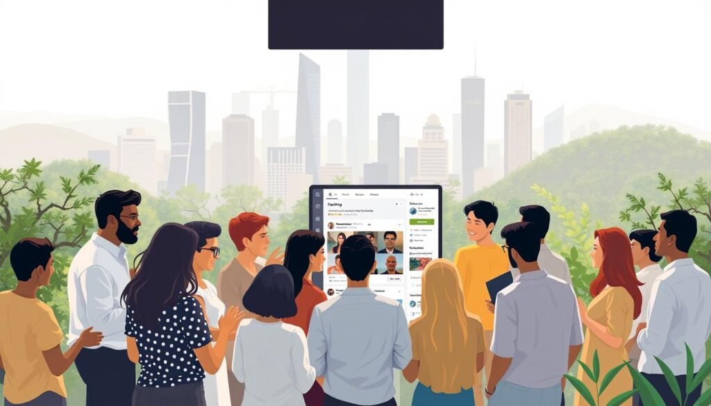 A vibrant, modern community gathering around a sleek, minimalist social media platform. In the foreground, diverse individuals engage in lively discussions, sharing ideas and connecting over shared interests. The middle ground showcases the platform's intuitive interface, with clean navigation and seamless content curation. In the background, a stylized cityscape with towering skyscrapers and lush greenery sets the scene, conveying a sense of global connectivity. Soft, diffused lighting creates a warm, inviting atmosphere, while a slightly low camera angle emphasizes the sense of community and collaboration. The overall image should evoke the benefits of an inclusive, supportive social media ecosystem.