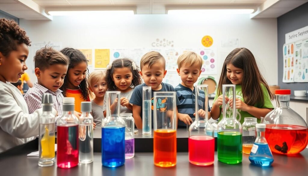 A vibrant, well-lit scene showcasing a variety of monthly science experiments for curious young minds. In the foreground, a table is neatly arranged with scientific equipment, test tubes, and various colorful liquids and solids. In the middle ground, children of diverse backgrounds are intently observing and interacting with the experiments, their expressions filled with wonder and excitement. The background depicts a modern, well-equipped science lab or classroom, with educational posters and diagrams lining the walls, creating an immersive learning environment. The overall mood is one of discovery, exploration, and a celebration of the joys of hands-on science education. A vibrant, well-lit scene showcasing a variety of monthly science experiments for curious young minds. In the foreground, a table is neatly arranged with scientific equipment, test tubes, and various colorful liquids and solids. In the middle ground, children of diverse backgrounds are intently observing and interacting with the experiments, their expressions filled with wonder and excitement. The background depicts a modern, well-equipped science lab or classroom, with educational posters and diagrams lining the walls, creating an immersive learning environment. The overall mood is one of discovery, exploration, and a celebration of the joys of hands-on science education.