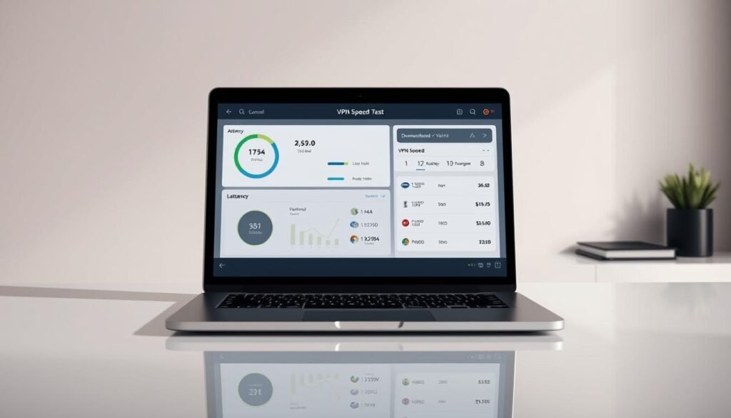 A well-lit, high-resolution, digital illustration of a laptop screen displaying detailed VPN speed test results. The laptop is positioned on a sleek, modern desk, casting a subtle reflection on the glossy surface. The screen shows various metrics and charts, including download/upload speeds, latency, and server locations, all presented in a clean, data-driven interface. The overall tone is professional and informative, conveying the performance and reliability of the VPN service. The background is a minimalist, neutral-toned workspace, allowing the VPN speed test data to be the focal point of the image.