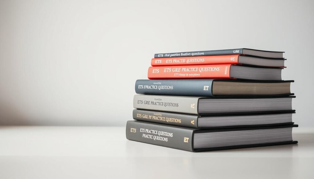 A well-lit, high-resolution image of a stack of hardcover GRE prep books, including the classic "ETS GRE Practice Questions" volume, sitting on a clean, minimalist white desk. The books have a sophisticated, academic appearance, with matte covers and crisp, professional-looking designs. The lighting is soft and diffused, creating a calm, focused atmosphere. The camera angle is slightly elevated, providing a clear, unobstructed view of the arrangement. The background is a simple, neutral color, allowing the GRE prep materials to be the central focus of the image.