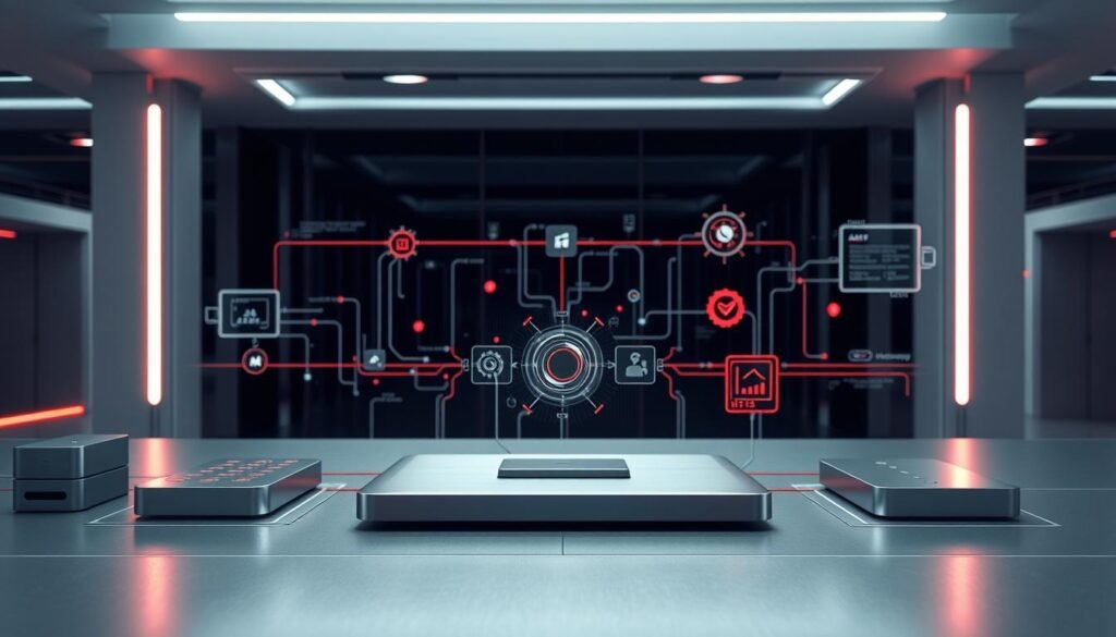 Sleek, futuristic API integration workflow diagram. Metallic, minimalist components in the foreground arranged in a logical, interconnected layout. Smooth, reflective surfaces and bold, neon accents create a high-tech, dynamic feel. Middle ground features abstract data visualization elements - elegant data streams, pulsing nodes, and holographic interfaces. Soft, moody lighting casts long shadows, adding depth and emphasizing the technical sophistication. The background is a stylized, architectural environment with clean lines and advanced technology permeating the scene, conveying a sense of seamless, efficient automation.