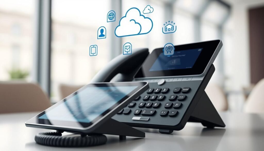 a detailed, photorealistic image of a cloud-based business phone system features, viewed from a high angle with a sharp focus on the foreground. The system's key components are showcased, including a sleek desk phone, a tablet or smartphone displaying the user interface, and various cloud-based service icons floating above, conveying the seamless integration of cloud technology. The background is a soft, blurred office setting, creating a sense of professionalism and innovation. The lighting is natural and diffused, highlighting the modern design and intuitive user experience of the cloud phone system.