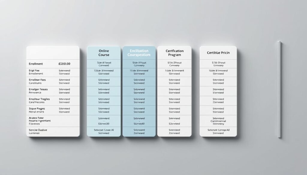 a detailed, realistic, highly informative course pricing comparison chart, displayed on a sleek, minimalist gray background. The chart features multiple columns showcasing the pricing structures of various online courses, including enrollment fees, subscription costs, and certification program pricing. The information is presented in a clean, organized manner with clear delineation between the different course offerings. The chart is well-lit, using a combination of soft, directional lighting to highlight the key pricing details. The overall composition creates a sense of professionalism and authority, suitable for an educational article on online course pricing. a detailed, realistic, highly informative course pricing comparison chart, displayed on a sleek, minimalist gray background. The chart features multiple columns showcasing the pricing structures of various online courses, including enrollment fees, subscription costs, and certification program pricing. The information is presented in a clean, organized manner with clear delineation between the different course offerings. The chart is well-lit, using a combination of soft, directional lighting to highlight the key pricing details. The overall composition creates a sense of professionalism and authority, suitable for an educational article on online course pricing.