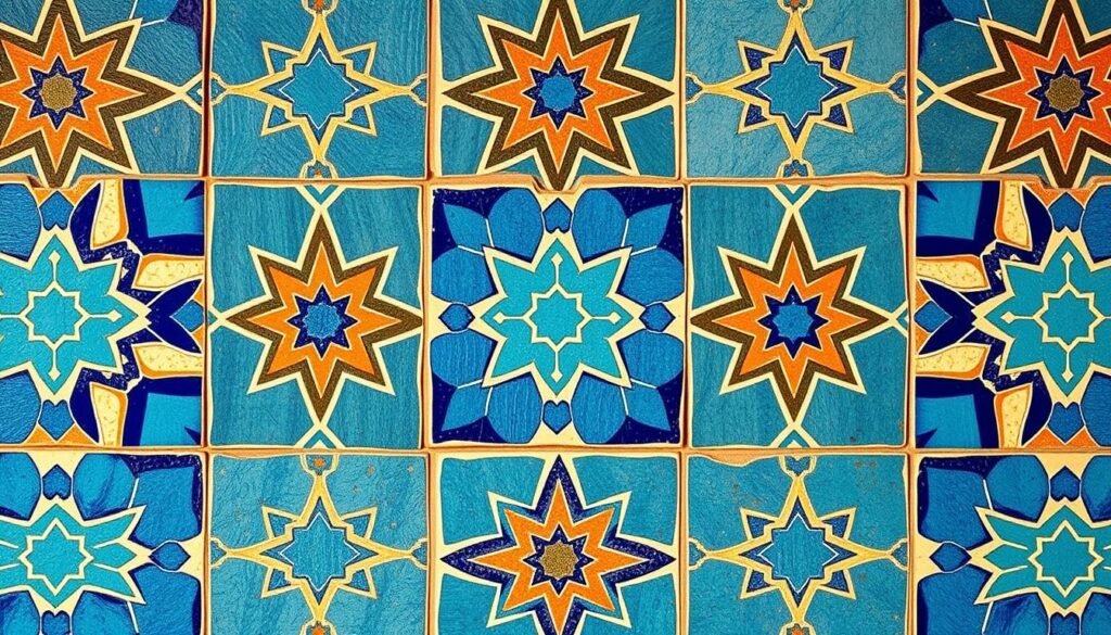 A beautifully intricate Moroccan Zellige tile mosaic, featuring a meticulously crafted geometric pattern of vibrant cobalt blue, turquoise, and ochre hues. The tiles are expertly arranged in a symmetrical, repeating design, with subtle variations in the shades and textures creating a mesmerizing visual depth. The tile work is set against a warm, earthy background, illuminated by soft, diffused lighting that accentuates the exquisite craftsmanship and the rich cultural heritage of this traditional ceramic art form. The overall composition evokes a sense of harmony, tradition, and the remarkable artistry of Moroccan Zellige.