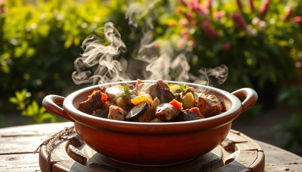A beautifully rustic Moroccan tagine dish, steaming and fragrant, with tender, slow-cooked meat, vibrant vegetables, and aromatic spices. The earthenware pot sits atop a wooden table, with a warm, natural light illuminating the scene. In the background, a lush, verdant garden provides a serene, pastoral backdrop, hinting at the healthful, organic ingredients used in this traditional North African culinary masterpiece. Soft, diffused shadows add depth and dimension, while the overall composition conveys a sense of comfort, nourishment, and the holistic wellbeing associated with this iconic Moroccan dish.