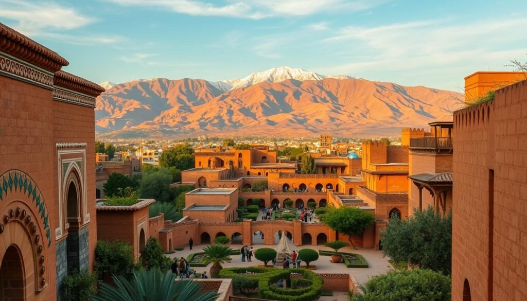 A breathtaking vista of the UNESCO World Heritage site in Akoura, Morocco. In the foreground, intricate mud-brick architecture adorned with vibrant patterns and decorative arches, exuding the timeless essence of Moroccan heritage. The middle ground reveals lush, verdant gardens and courtyards, where locals gather to engage in traditional crafts and activities. In the background, the majestic Atlas Mountains rise, their snow-capped peaks bathed in warm, golden light, creating a serene and picturesque atmosphere. The scene conveys the rich cultural tapestry and the harmony between the built environment and the natural landscape that defines the essence of Moroccan heritage.