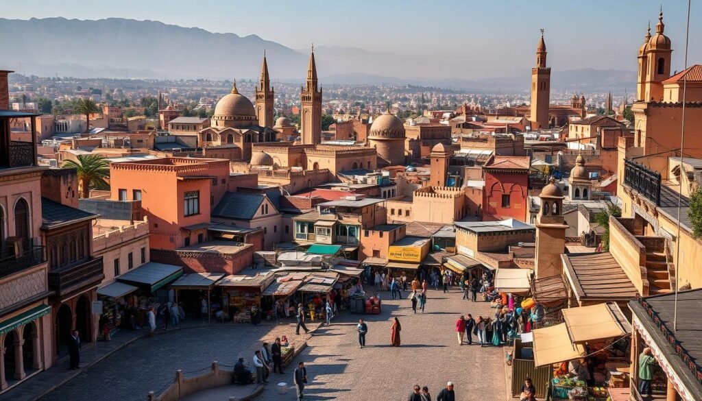 A bustling Moroccan cityscape, with intricate architecture and vibrant markets. In the foreground, winding cobblestone streets lined with traditional shops, merchants tending to their stalls, and locals going about their daily lives. The middle ground features ornate mosques, minarets, and grand palaces, their ornate facades bathed in warm, golden sunlight. In the background, a hazy, mountainous horizon, hinting at the diverse landscapes that surround these cultural hubs. The scene is infused with a sense of timelessness, where ancient traditions coexist with modern elements, creating a harmonious and captivating visual tapestry that epitomizes the rich cultural heritage of Morocco.