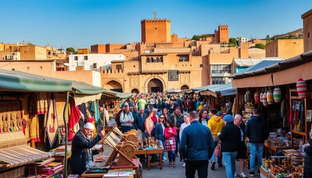 A bustling Moroccan marketplace in Fez, with colorful stalls and vendors offering a diverse array of traditional activities and experiences. In the foreground, a group of local artisans demonstrate their craft, weaving intricate tapestries and carving ornate wooden figurines. The middle ground features a lively crowd of visitors exploring the various shops, sampling spices and enjoying live music performances. In the background, the iconic architecture of the Fez medina rises, casting warm, golden light across the scene. The atmosphere is one of vibrant cultural immersion, inviting the viewer to step into the heart of Fez's rich heritage and engaging leisure pursuits.