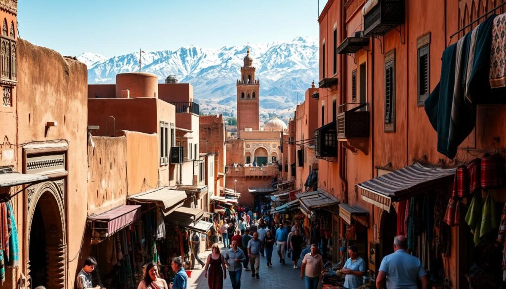 A bustling, sun-drenched medina in Marrakesh, Morocco. In the foreground, narrow alleyways wind through a labyrinth of ancient adobe buildings, their ochre walls adorned with ornate carved entrances and vibrant market stalls. Merchants call out, inviting visitors to explore their wares of colorful textiles, spices, and handicrafts. In the middle ground, the iconic minaret of a grand mosque rises majestically, its intricate tilework glowing in the warm light. In the background, the snow-capped peaks of the Atlas Mountains loom, providing a dramatic natural backdrop to this historic urban tapestry. An immersive scene that captures the essence of Marrakesh's Old City, a timeless oasis of Moroccan culture and heritage. A bustling, sun-drenched medina in Marrakesh, Morocco. In the foreground, narrow alleyways wind through a labyrinth of ancient adobe buildings, their ochre walls adorned with ornate carved entrances and vibrant market stalls. Merchants call out, inviting visitors to explore their wares of colorful textiles, spices, and handicrafts. In the middle ground, the iconic minaret of a grand mosque rises majestically, its intricate tilework glowing in the warm light. In the background, the snow-capped peaks of the Atlas Mountains loom, providing a dramatic natural backdrop to this historic urban tapestry. An immersive scene that captures the essence of Marrakesh's Old City, a timeless oasis of Moroccan culture and heritage.