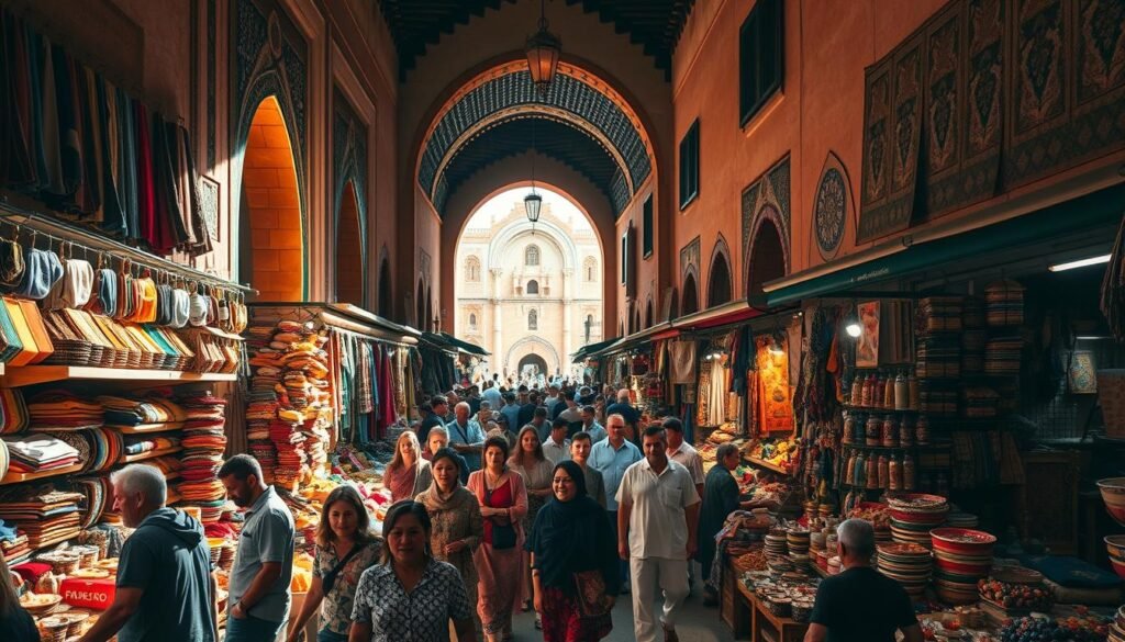 A bustling traditional marketplace in the heart of Meknes, Morocco. Vibrant stalls overflowing with a kaleidoscope of handcrafted textiles, spices, and artisanal goods. Sunlight filters through the ornate archways, casting a warm glow over the animated scene. Shopkeepers and patrons weave through the lively crowd, their voices and laughter creating a captivating symphony. Richly decorated facades in earthy tones line the winding alleyways, inviting exploration. The air is infused with the tantalizing aromas of freshly brewed mint tea and sizzling street food. This is the essence of the Meknes Medina, a timeless hub of traditional Moroccan commerce and culture. A bustling traditional marketplace in the heart of Meknes, Morocco. Vibrant stalls overflowing with a kaleidoscope of handcrafted textiles, spices, and artisanal goods. Sunlight filters through the ornate archways, casting a warm glow over the animated scene. Shopkeepers and patrons weave through the lively crowd, their voices and laughter creating a captivating symphony. Richly decorated facades in earthy tones line the winding alleyways, inviting exploration. The air is infused with the tantalizing aromas of freshly brewed mint tea and sizzling street food. This is the essence of the Meknes Medina, a timeless hub of traditional Moroccan commerce and culture.