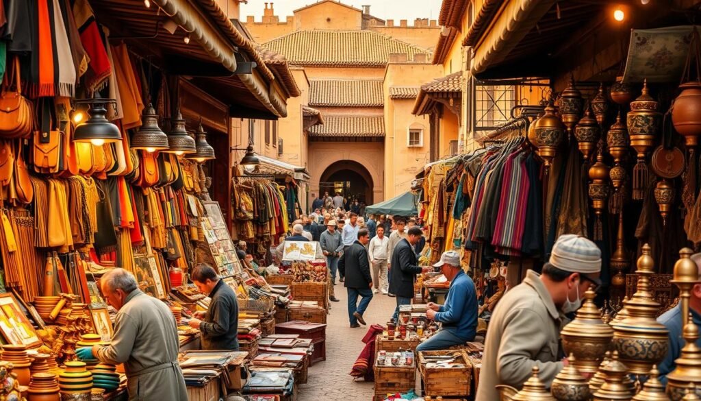 A bustling traditional marketplace in the historic city of Fez, Morocco. The foreground features artisans skillfully crafting intricate leatherwork, metalwork, and textiles using age-old techniques. Vibrant hues of dyed fabrics and polished metals fill the stalls, creating a feast for the senses. In the middle ground, shoppers navigate the winding alleys, haggling with merchants over hand-carved wooden trinkets and ornate ceramic wares. The background is dominated by the iconic architecture of Fez's old medina, with its distinctive arched entryways and tiled rooftops bathed in warm, golden light. An atmosphere of timeless tradition and cultural preservation permeates the scene. A bustling traditional marketplace in the historic city of Fez, Morocco. The foreground features artisans skillfully crafting intricate leatherwork, metalwork, and textiles using age-old techniques. Vibrant hues of dyed fabrics and polished metals fill the stalls, creating a feast for the senses. In the middle ground, shoppers navigate the winding alleys, haggling with merchants over hand-carved wooden trinkets and ornate ceramic wares. The background is dominated by the iconic architecture of Fez's old medina, with its distinctive arched entryways and tiled rooftops bathed in warm, golden light. An atmosphere of timeless tradition and cultural preservation permeates the scene.
