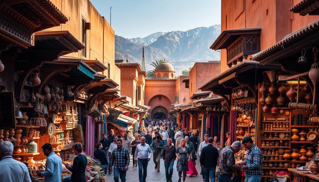 A bustling traditional souk in Marrakech, with intricate artisanal stalls showcasing vibrant Moroccan handicrafts. Warm sunlight filters through the narrow alleyways, illuminating the intricately carved wooden facades and colorful textiles. Skilled artisans demonstrate their craft, from pottery throwing to metalwork, as shoppers browse the eclectic mix of handmade items. The air is filled with the scents of spices and the sounds of lively haggling. In the middle ground, a mix of local and international visitors wander, admiring the skilled workmanship and immersing themselves in the rich cultural heritage. In the background, the iconic Atlas Mountains loom, providing a dramatic natural backdrop to this vibrant scene of traditional Moroccan artistry. A bustling traditional souk in Marrakech, with intricate artisanal stalls showcasing vibrant Moroccan handicrafts. Warm sunlight filters through the narrow alleyways, illuminating the intricately carved wooden facades and colorful textiles. Skilled artisans demonstrate their craft, from pottery throwing to metalwork, as shoppers browse the eclectic mix of handmade items. The air is filled with the scents of spices and the sounds of lively haggling. In the middle ground, a mix of local and international visitors wander, admiring the skilled workmanship and immersing themselves in the rich cultural heritage. In the background, the iconic Atlas Mountains loom, providing a dramatic natural backdrop to this vibrant scene of traditional Moroccan artistry.