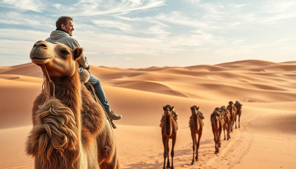 A caravan of majestic dromedary camels traversing the undulating sand dunes of Merzougue, North Africa. In the foreground, a lone figure atop a camel, gazing out at the boundless expanse of the Sahara desert. The sun casts a warm, golden glow, illuminating the camel's shaggy coat and the weathered features of the rider. Wispy cirrus clouds drift overhead, casting soft shadows on the rolling landscape. The air is crisp and dry, the only sound the gentle shuffling of the camels' footsteps. This timeless scene captures the essence of a quintessential desert adventure, a bucket-list experience for any intrepid traveler. A caravan of majestic dromedary camels traversing the undulating sand dunes of Merzougue, North Africa. In the foreground, a lone figure atop a camel, gazing out at the boundless expanse of the Sahara desert. The sun casts a warm, golden glow, illuminating the camel's shaggy coat and the weathered features of the rider. Wispy cirrus clouds drift overhead, casting soft shadows on the rolling landscape. The air is crisp and dry, the only sound the gentle shuffling of the camels' footsteps. This timeless scene captures the essence of a quintessential desert adventure, a bucket-list experience for any intrepid traveler.