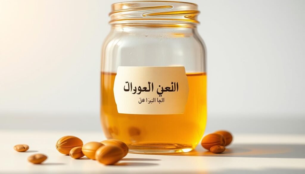 A close-up shot of a half-filled glass jar containing a golden, viscous liquid, illuminated by warm, natural lighting. The jar's label prominently features the Arabic text "تقليل الكوليسترول بزيت أركان", signifying its contents as argan oil, known for its cholesterol-lowering properties. The jar is placed atop a clean, minimalist surface, with a few argan nuts or seeds scattered around it, emphasizing the organic and natural origins of the oil. The overall composition conveys a sense of purity, health, and wellness, reflecting the beneficial effects of argan oil on the human body.