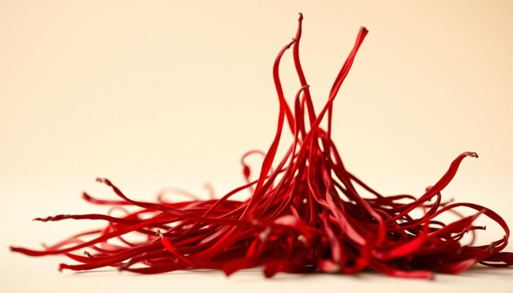 A close-up shot of a handful of vibrant, deep-red saffron stigmas against a clean, neutral background. The lighting is soft and natural, highlighting the delicate, velvety texture and the rich, earthy hue of the saffron. The composition emphasizes the elegant, slender form of the stigmas, capturing their captivating beauty and the essence of the high-quality "Taliouine" saffron grown in the Moroccan countryside. The image conveys a sense of purity, refinement, and the pride associated with this prized spice.