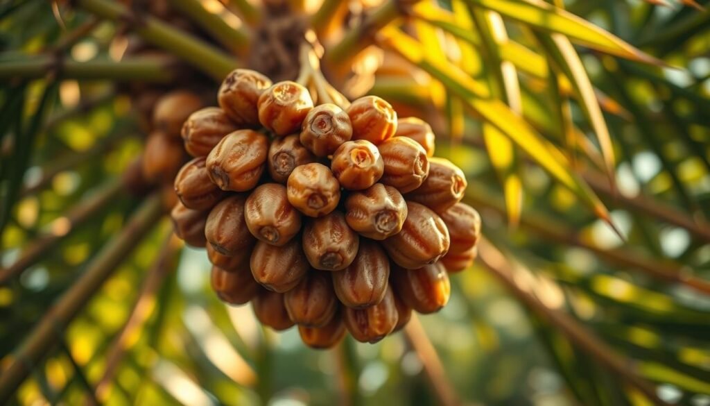 A close-up view of a date palm tree's fruit cluster, capturing the unique appearance of the enigmatic "Unknown Date" variety. The dates are clustered tightly together, their golden-brown hues illuminated by warm, diffused lighting, casting soft shadows that accentuate their natural contours. The leaves of the tree provide a verdant, lush backdrop, hinting at the exotic, tropical setting. The composition is balanced, with the date cluster commanding the foreground, while the middle ground and background offer a sense of depth and context. The overall mood is one of intrigue and mystery, inviting the viewer to explore the origins and characteristics of this lesser-known date variety.
