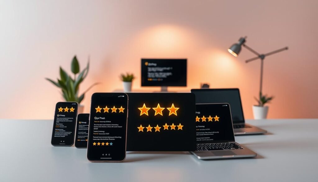 A contemporary and elegant composition depicting online reviews and ratings. In the foreground, a collection of mobile devices and laptops showcase glowing star ratings and customer testimonials. The middle ground features a serene workspace with a minimalist desk, potted plants, and a warm, diffused lighting setup. The background blends seamless gradients of soft, muted colors, creating a calming, professional atmosphere. Subtle textures and materials, such as matte surfaces and brushed metal, contribute to the refined aesthetic. The overall mood is one of trust, reliability, and a curated, high-quality user experience.