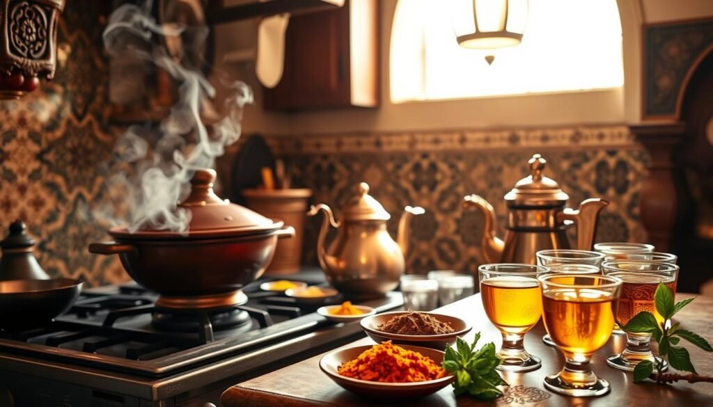 A cozy Moroccan kitchen filled with the aroma of spices and the warmth of hospitality. In the foreground, a traditional tagine simmers on a rustic stove, steam rising and inviting guests to gather. On the countertop, an array of colorful ingredients - saffron, turmeric, cumin, and fresh herbs - await preparation. The middle ground features a gleaming copper kettle and ornate tea glasses, ready to serve the signature Moroccan mint tea. In the background, intricate tile patterns and carved wooden accents create a rich, authentic atmosphere. Soft, diffused lighting from a hanging lamp casts a golden glow, evoking the sense of a welcoming, family-centered space where the art of Moroccan hospitality is celebrated.