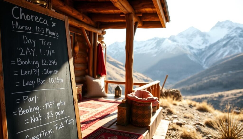 A cozy, rustic wooden cabin nestled in the majestic Atlas Mountains, with snow-capped peaks in the distance. The foreground features a handwritten chalkboard with pricing and booking details for a day trip, complete with an inviting illustration. Soft natural lighting filters through the cabin's windows, creating a warm and welcoming atmosphere. The middle ground showcases traditional Moroccan decor, such as vibrant rugs and ornate lanterns, hinting at the cultural immersion of the adventure. The background blends seamlessly with the mountainous landscape, emphasizing the breathtaking setting of this excursion.