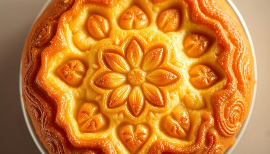 A delicate, traditional Moroccan pastry, "الفقاص" is a melt-in-your-mouth almond cake. Capture its essence with a close-up shot highlighting the intricate floral patterns pressed into the golden-brown surface. Lighting should be soft and flattering, emphasizing the delicate texture and gentle sheen of the cake. Set against a neutral background, allowing the pastry to take center stage. Evoke the warmth and comfort of a Moroccan kitchen, with hints of spice and sweetness in the air. Compose the frame to showcase the cake's graceful shape and enticing appeal, inviting the viewer to imagine its delectable flavor and tender crumb.
